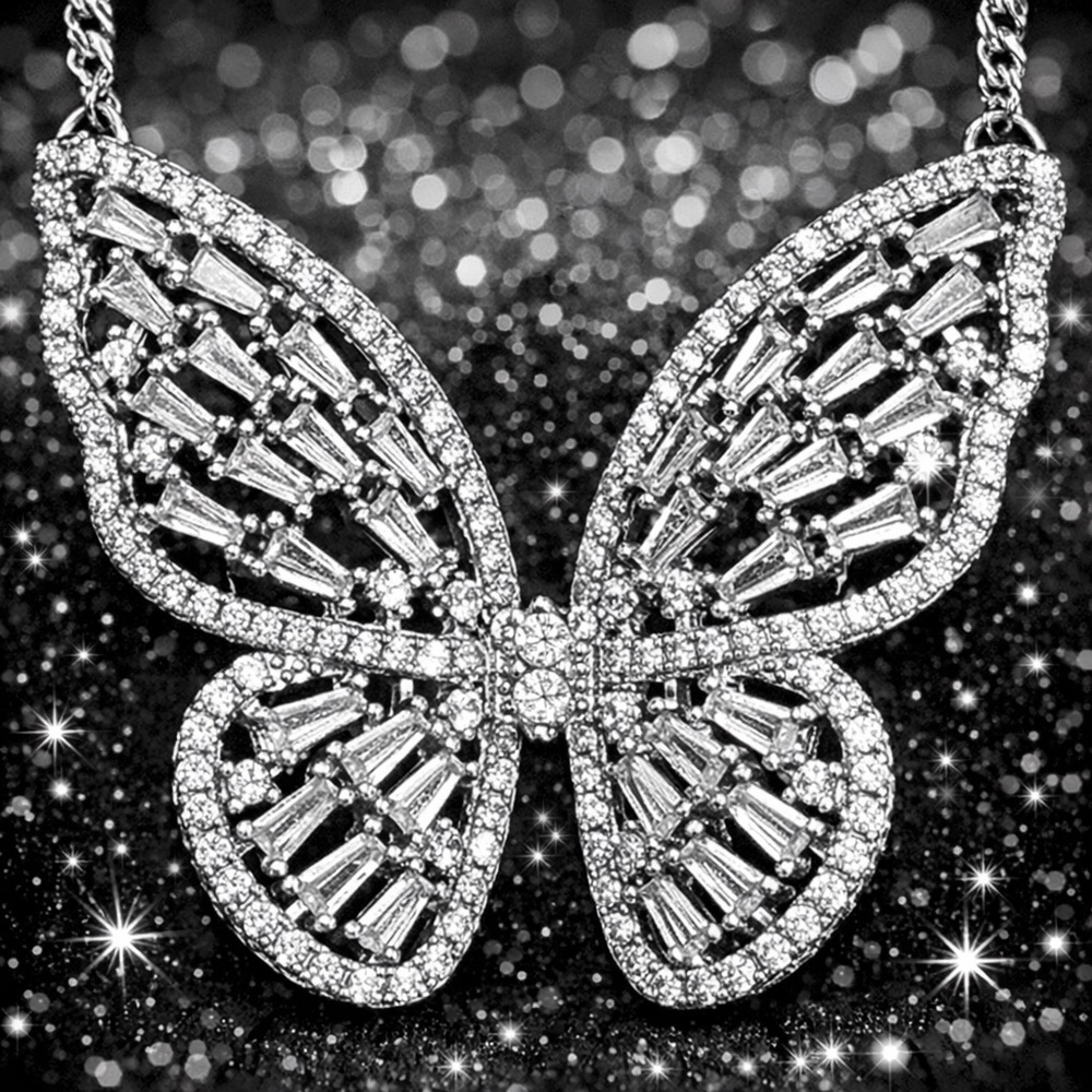 Diamonique butterfly round emerald cut baguette pendant necklace sterling silver